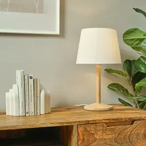 ValueLights Triston Single Stem Natural Light Wood Table Lamp with White Drum Shade