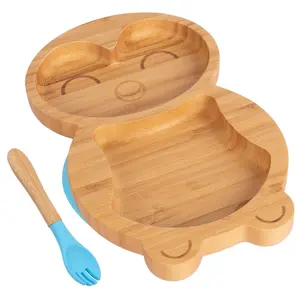 Bamboo Penguin Baby Weaning Plate & Fork Set - Blue