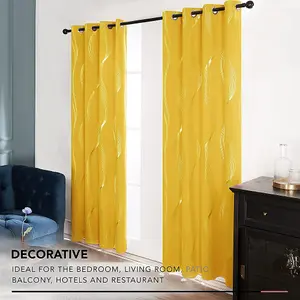 Deconovo Blackout Curtains Eyelet Silver Wave Line Foil Printed Thermal Curtains for Bedroom 52x54 Inch Mellow Yellow 2 Panels