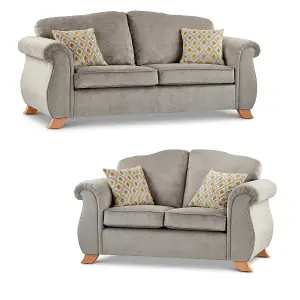 Fairhurst Soft Textured Scroll Arm Grey Fabric 3 + 2 Sofa Suite