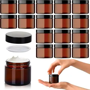 60ml Amber Glass Jars with Lids - 16 Pack UV Protection Containers with Spatula, Inner Liner - Travel Cosmetic for Cream