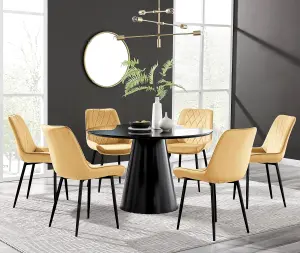 Palma Black Semi Gloss Round Dining Table & 6 Mustard Pesaro Black Leg Chairs