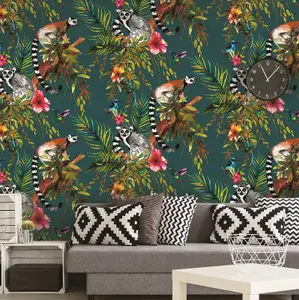 Holden Decor Teal Blue Green Tropical Jungle Lemur Lizard Birds Floral Wallpaper