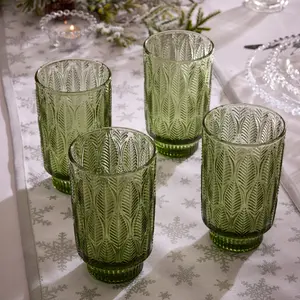 Set of 4 Vintage Luxury Green Trailing Leaf Drinking Tall Tumbler Glasses 450ml