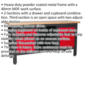 Lockable Workstation- 2 Draw & 2 Cupboard with Pegboard & Open Shelves Storage