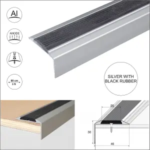 A38 46 x 30mm Anodised Aluminium Non Slip Rubber Stair Nosing Edge Trim - Silver With Black Rubber, 0.9m