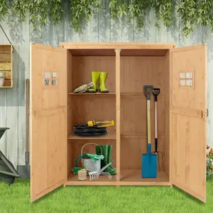 Outsunny Wooden Garden Shed Tool Storage Cabinet Double Door Shelf Natural Wood