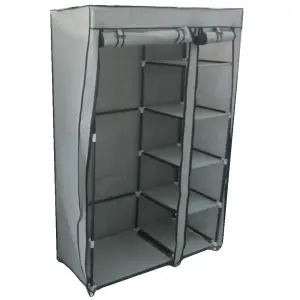 Single Grey Fabric Canvas Wardrobe With Hanging Rail Shelving Clothes Storage