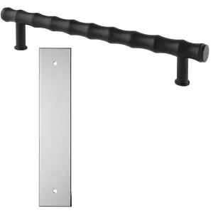 Pull Handle & Contrasting Backplate Set - Modern Bamboo T Bar - Matt Black & Chrome