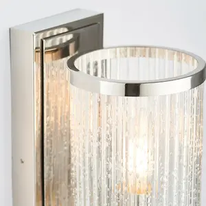 Dimmable LED Wall Light Nickel & Ribbed Bubble Glass Shade Hanging Lamp Fitting