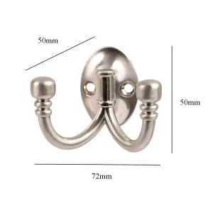 2 x Double Coat Hooks Satin Nickel Metal Ball End, Door Robe & Dress Hangers