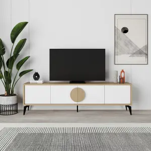 Decortie Gora Modern TV Unit Oak, White 180(W)cm with 4 Doors Storage TV Cabinet Entertainment Metal Legs