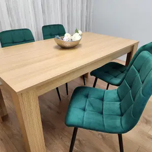 Dining Set of 4 Oak Effect Dining Table and 4 Green Velvet Chairs Dining Room Furniture