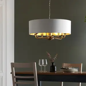 Haywood Antique Brass with Vintage White Faux Silk Shades Classic Modern 8 Light Ceiling Pendant