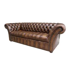 Chesterfield 3 Seater Buttoned Seat Sofa Antique Tan Real Leather In Balmoral Style