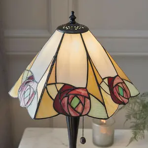 Tiffany Glass Table Lamp Light Dark Bronze & Art Deco Red Rose Shade i00206