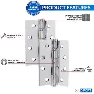 XFORT 4 inch (100mm) Polished Chrome Ball Bearing Hinges, Steel Door Hinge for Wooden Doors (2 Pairs)