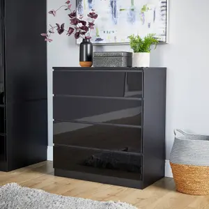 Home Source Lugano Black 4 Drawer Chest of Drawers High Gloss Drawer Fronts