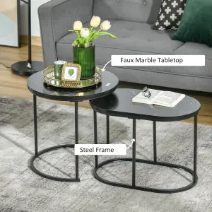 HOMCOM 2 Pcs Modern Coffee Table with Faux Marble Side Accent Tables Black