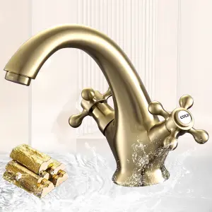 BATHWEST Victorian Polished  Brass Basin Mixer Taps  Cross Handle Bathroom Sink Taps Gold Faucet