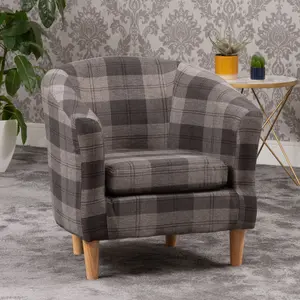 Medford 69cm wide Grey Chequered Fabric Tub Chair with Dark and Light Wooden Legs