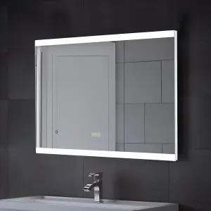 Rectangular Frameless Anti-Fog Dimmable LED Vanity Bathroom Mirror with Clock 80x60cm