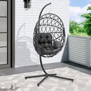 Dark Grey Foldable Single Rattan Egg Chair Swing Chair Hanging Basket with Metal Bracket and Seat Cushion