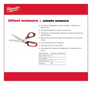 Milwaukee Jobsite Offset Scissors Large Handle Holes All Metal Core 4932479410