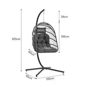 Black Foldable Rattan Egg Swing Chair Garden Relaxing Hanging Chair with Metal Stand and Cushions 195 cm