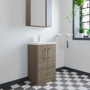 Compact Floor Standing 2 Door Vanity Basin Unit with Polymarble Basin - 500mm - Woodgrain Solace Oak