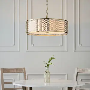 Luminosa Cordero Single Pendant Ceiling Lamp, Gold Effect Plate, White Fabric, Frosted Glass