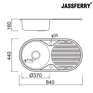 JASSFERRY Stainless Steel Single Round Bowl Inset Kitchen Sink Caravan Reversible Drainboard