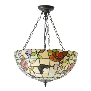 Large Tiffany Butterfly Pendant Ceiling Light - Dark Bronze Finish - 3 x 60W E27 GLS