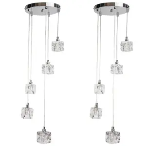 First Choice Lighting Pair of Chrome 5 Light Cluster Fitting with Ice Cube Glass Shades