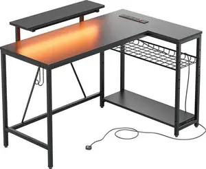 Thielsen 48" L Shaped Computer Desk With Power Outlet, LED Gaming Or Work Desk With Monitor Stand Borough Wharf Colour: Black