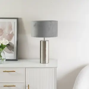 ValueLights Lexy Brushed Chrome Touch Table Lamp with Grey Velvet Shade