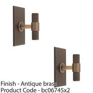 2 PACK - Knurled T Bar Cabinet Door Knob & Matching Backplate - Antique Brass 76 x 40mm