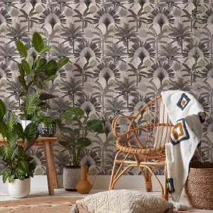 furn. Malaysian Palm Blush Pink/Charcoal Grey Tropical Printed Wallpaper