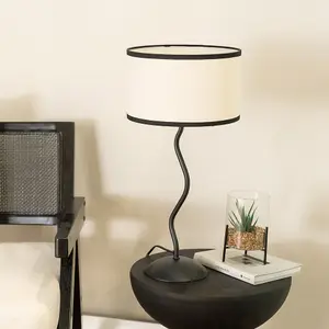 ValueLights Wiggle Black Metal Single Stem Table Lamp with Linen Black Trim Drum Lamp Shade and LED Bulb