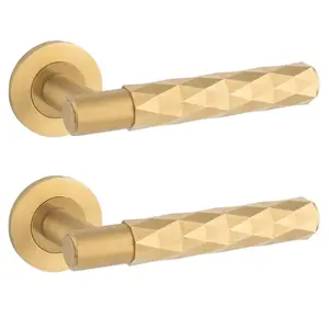 2 PACK - PAIR Diamond Lever on Round Rose Door Handle - Satin Brass Concealed Screw