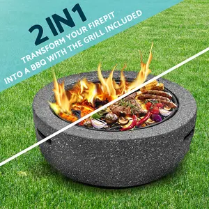 60cm Dark Grey Round Fire Pit and BBQ Grill for Garden Parties