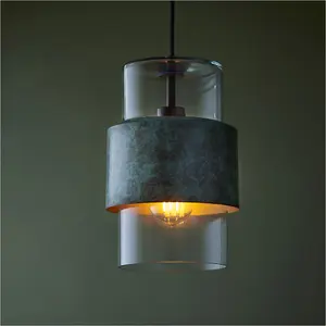 Single Hanging Ceiling Pendat & 2x Matching Wall Lights - Verdigris Hammered Dimmable Set