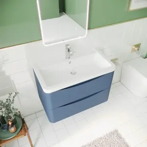 Wall Hung 2 Drawer Vanity Basin Unit with Polymarble Basin, 800mm - Satin Blue