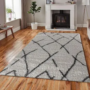 Modern Dark Cream Geometric Marrakesh Shaggy Area Rug, Deep Pile Living Room/Bedroom Patterned Shag Runner- 80x150 cm (540)