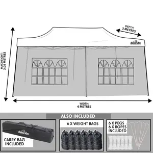 Dellonda Premium 3x6m Pop-Up Gazebo & Side Walls with Carry Bag, Stakes & Weight Bags