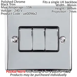 2 PACK 3 Gang Triple Metal Light Switch POLISHED CHROME 2 Way 10A Black Trim