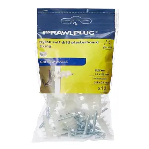 Rawl 12 x plug Nylon Self Drill Plasterboard Plug Fixings for Hollow Stud Walls, White