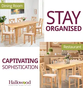 Hallowood Furniture Camberley Oak Butterfly Extending Dining Table with 6 Cross Back Chairs in Beige Fabric Seats