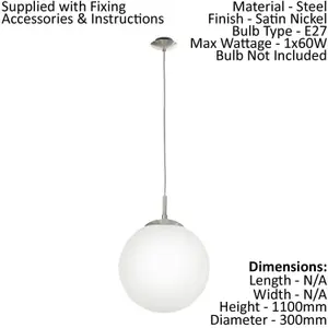 Pendant Ceiling Light Colour Satin Nickel Shade White Glass Opal Matt Bulb E27 1x60W