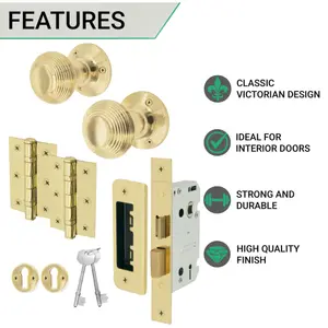 EAI Brass Door Knobs Reeded Beehive Design Lock Kit 80mm Sashlock 76mm Hinges 2 escutcheons 55mm Sprung Knobs